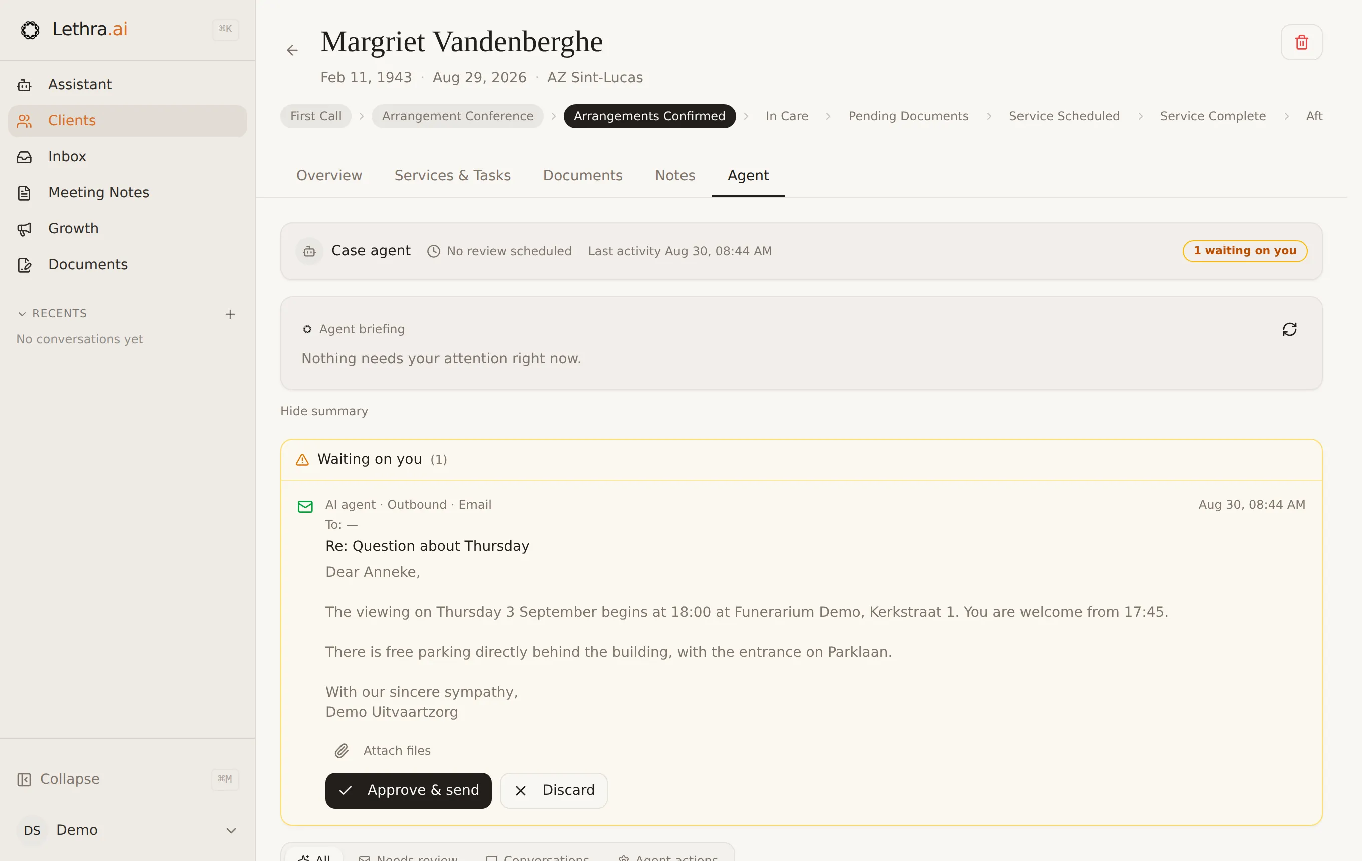 The Agent tab on a case, with the case agent header marked one waiting on you, the agent briefing beneath it, and a drafted reply awaiting approval.