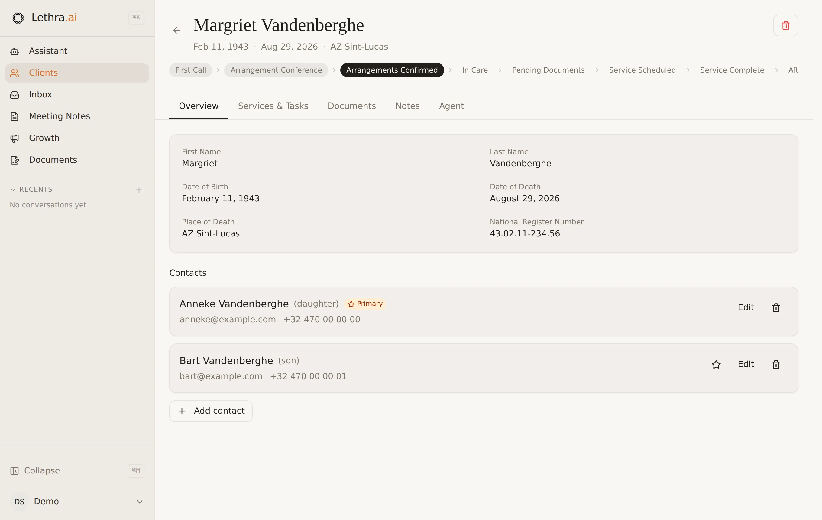 A case in Lethra, with the stages running across the top and the Overview tab showing the deceased’s details and two contacts.