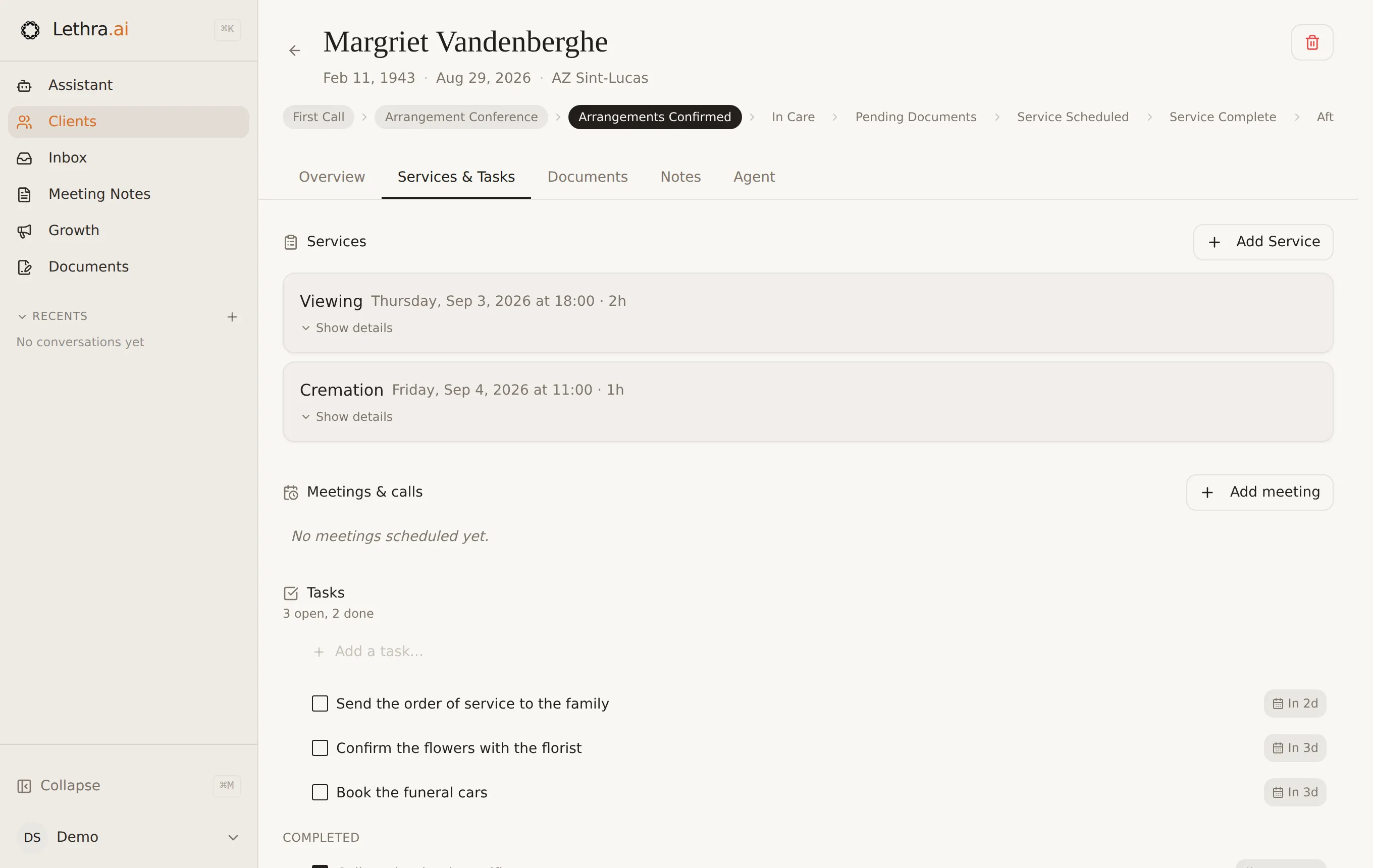The Services and Tasks tab, showing a viewing and a cremation with dates, and a task list reading three open, two done.