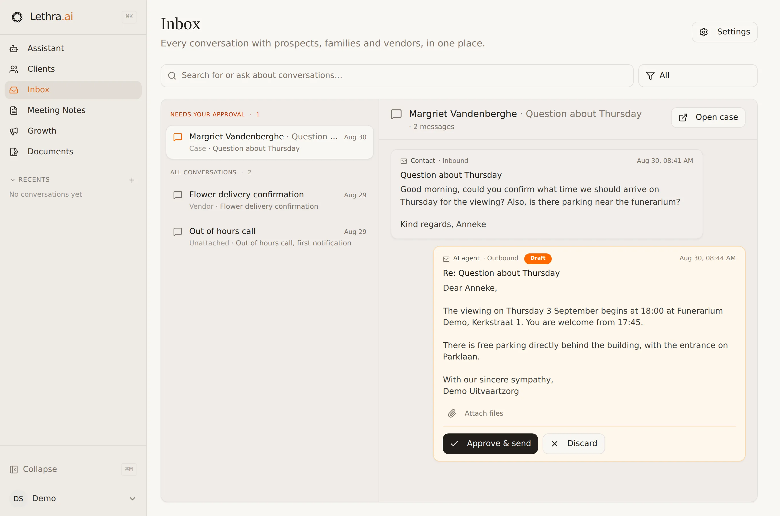 The Lethra inbox. On the left, one conversation under Needs your approval and two under All conversations. On the right, the thread with the family’s question and the agent’s draft reply, marked Draft, with Approve and send and Discard beneath it.