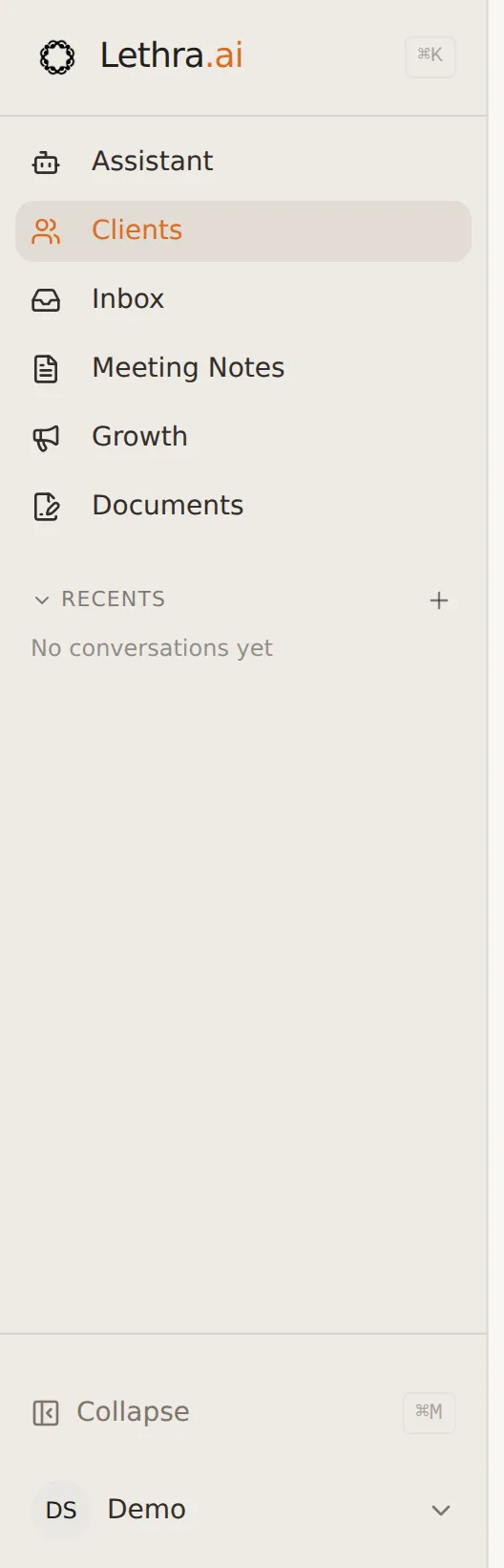 The Lethra sidebar, showing Assistant, Clients, Inbox, Meeting Notes, Growth and Documents, with Clients selected.