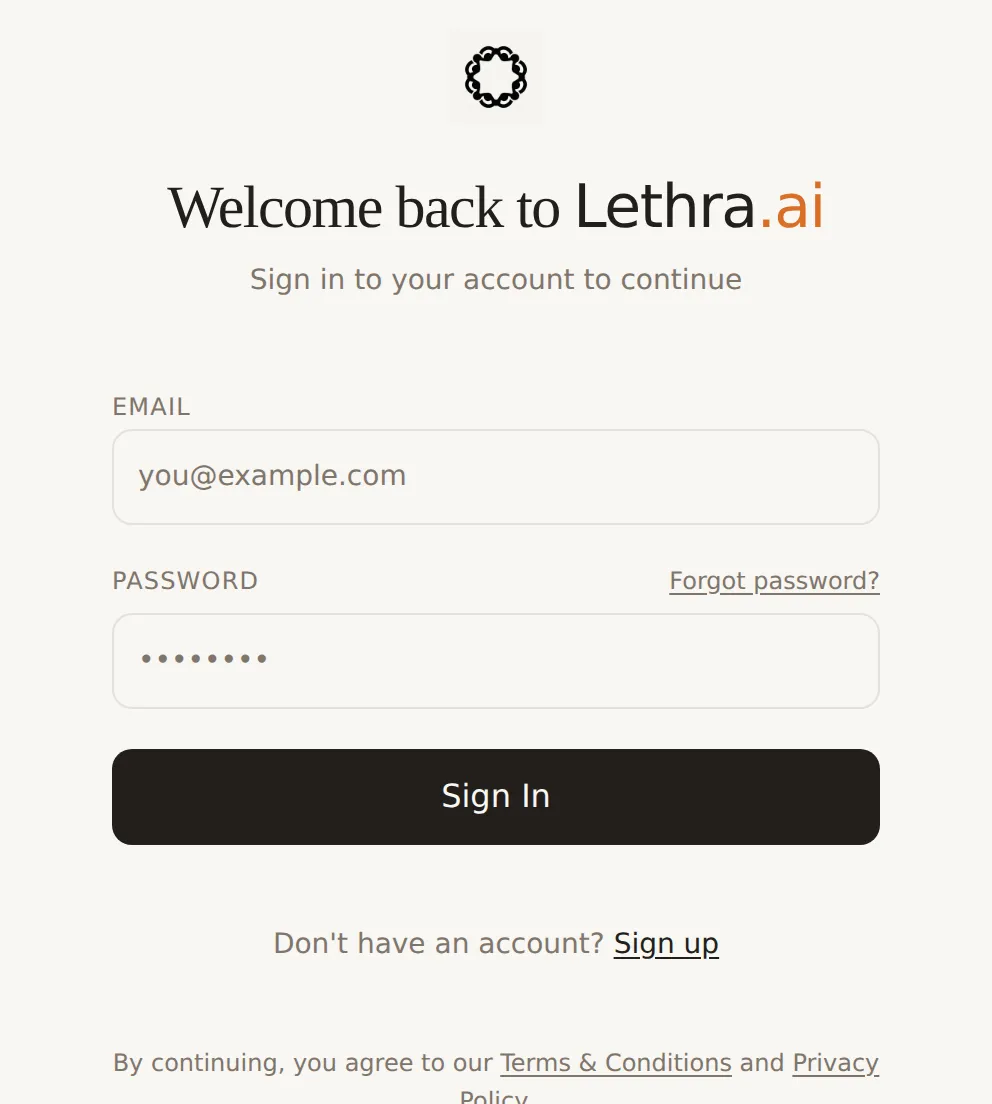 The Lethra staff sign-in screen, with email and password fields and a Sign In button.